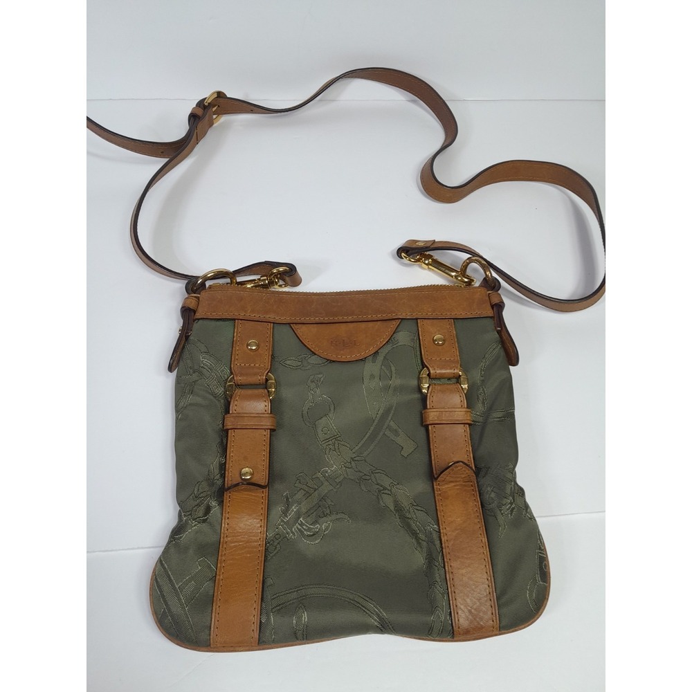 Vtg Lauren Ralph Lauren Crossbody Bag Green Equestrian Leather Trim Adjustable